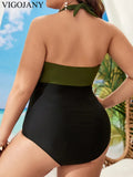 VigoJany 2026 Solid Patchwork Plus Size Swimwear Women Tied Halter Hollow One Piece Swimsuit Push Up Backless Big Bathing Suit