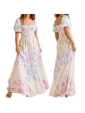 Women Summer Floral Print Dress Square Neck Puff Short Sleeve Ruffle Hem A-Line Dress Retro Casual Streetwear