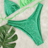 Splicing Halter Diamond Rhinestones Bikini Female Swimsuit Women Swimwear Two-Pieces Bikini Set Bather Bathing Suit Swim V6467