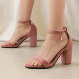 Beige Suede Ankle Strap Block Heel Sandals for Women, Round Open Toe with Rhinestone Accent, Multiple Colors Available