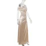 Elegant Satin Solid Color Off-Shoulder Women's Long Dress Sexy High-Waisted Flim Slit Pleated Dress for Lady Party Wedding