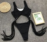 DEKA Long Tassel One Piece Swimwear Hollow Out Women Backless Swimming Suit Cut Out Halter Cross Swimsuit Female Beachwe Bathing