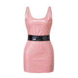 Women's Summer Solid Color PU Leather Slim Fit Dress Fashionable Sleeveless Round Neck Belted Tight Fitting Mini Dresses