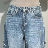 Women's Straight Leg Denim Pants High Waisted Baggy Wide Leg Bling Jeans Casual Sparkly Harem Jeans for Streetwear