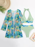 Halter Print Bikini 2026 Women Swimsuit With Kimono High Waist Swimwear Female Bathers Bathing Swimming Swim Suit Beachwear