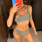 Shiny Glitter Sparkling High Waist Bikini Female Swimsuit Women Swimwear Two-pieces Bikini Set One Shoulder Bathing Suit V1264