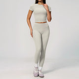 Creamy 2 Pieces Workout Suit Women Yoga Outfits Short Sleeve O Neck Slim Sports T Shirts High Waist Flare Pants Gym Fitness Sets