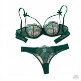 Green Floral Lace Lingerie Set Sheer Mesh Underwire Bra With Bow & Thong Women Sexy Underwear ZA824057