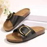 Metal Buckle Flat Heel Slippers Women 2026 Summer Platform Non Slip Beach Sandals Woman Plus Size 43 Open Toe Cork Slides Flats