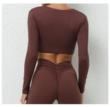 Long Sleeve Gym Crop Tops for Women Twist Deep V Workout Quick Dry Padded Sports Fitness Yoga T-Shirt