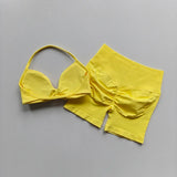 2PCS Backless Sports Bra High-Waisted Yoga Shorts Set Sexy Neck Hanging Design Abdomen Hip Lifting Fitness Outfit