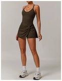 Summer Tennis Dress Women Sleeveless V Neck Slim Skirt Pleate Twisted Design Crossed Hollow Out Sports Yoga Golf Skirt Badminton
