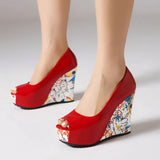 2026 New Big Size 33-43 Summer White Bohemian Graffiti Platform Pumps Slip On Black Red Chunky High Heels Wedges Shoes Women