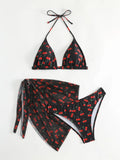 Women French Chic Cherry Print Bikini Sets Three Pieces with Mesh Skirt Swimsuit Swimwear Bathing Suit Beach Outfits Biquini
