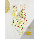 S - XL Cherry Printed Plaid Cut Out One Piece Swimsuit Women Swimwear Female Frilled High Leg Cut Bather Bathing Suit Swim V7557