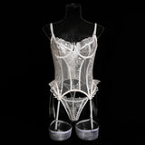 Embroidered flower underwear, sexy three-point mesh fishbone body shaping sexy suit with stockings