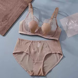 Parisian-Inspired Sheer Bralette Rabbit Cup Push-Up Bra Set Big Bust Support with Anti-Protrusion Padding Summer Thin Steel Ring