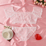 Women 2-Piece Transparent Erotic Sexy Lingerie Dot Embroidery Mesh Fancy Outfit Romantic Hot Underwear Set Bra And Panty Sets