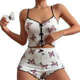 2 Pcs/Set Summer Women Pajamas Set Butterfly Heart Printing Sleeveless Backless Cop Top High Waist Shorts Sleepwear For Sleeping