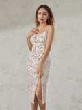 Women Summer Floral Print Party Club Midi Dress Sleeveless Spaghetti Strap Bustier Backless Thigh Slit Slim Dress