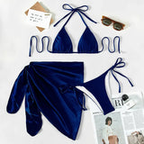 3pcs Halter with Skirt Sarong Satin Bikini Women Swimwear Female Swimsuit Three-pieces Bikini Set Micro Bather Bathing Suit Swim