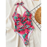 Printed Halter V Neck With Bra Cup One Piece Swimsuit Women Swimwear Female Monokini High Leg Cut Bather Bathing Suit Swim V5739