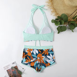 2026 Summer Women's Print Patchwork Swimsuit Sexy Deep V Neck Back Lace-up Swimwear High Waist Shorts Tankini Bathing Suit Beach