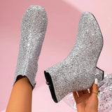 Women's Sparkling Silvers Glitter Ankle Boots Fashion Chunky Mid Heel Zipper Short Boots Women Round Toe Plus Size Botas Mujer