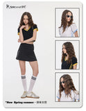 Hot girl top V-neck exposed navel contrasting color splicing clothes women's street short-sleeved T-shirt