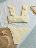 sexy yellow patchwork wrinkled bow ruffles bikinis sets two pieces women thong swimsuit female bathing suit swimwear biquini