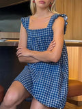 Summer Mini Plaid Print A line Dress for Women Sleeveless Ruffle Trim Square Neck Loose Fitting Cami Dress With Pocket