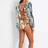One Piece Swimsuit Sexy Long Sleeve Tropical Print Swimwear Women Bandage Monokini Hollow Out Bathing Suit String Beachwear 2023