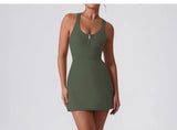 Front Zipper Tennis Dresses Women Summer Sleeveless Sports Athletic Dress Outdoor Cross Backless Pocket Short Workout Skirts