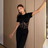 FDYOUI Woman Clothing Lace Patchwork Corset T-shirt 2026 Elegant Sexy Short Sleeve See-through Black Tops Y2K Girls T-shirts