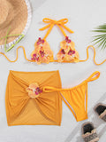 Sexy Yellow 3D Flower Mesh Cover Up Bikini Set 2026 Women Push Up Bra Skirt 3 Piece Swimsuit Beach Bathing Suit Holiday Swimwear