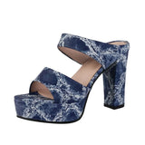 Women's Fashion Denim Platform Heels Summer New Round Toe Non-Slip Wear-Resistant Block Heel Slippers