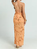 Women Backless Sequined Flower Summer Vest Beaded Halter Top Tie-up Sleeveless Camis Tops for Club Party