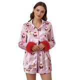 Women Two Pieces Christmas Pajama Set Santa Claus Print Long Sleeve Shirt with Shorts Fall Sleepwear Loungewear