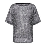 Summer Women's Fishnet T-shirt Casual Loose Fit Stylish Solid Color See Through Sequined Crew Neck Elbow Sleeve Tops