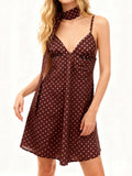 Women's Summer Mini Cami Dress A Line Stylish Dot Print Backless V Neck Spaghetti Strap Dresses with Scarf