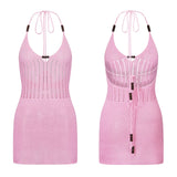 Women Backless Halter Mini Dress Casual Summer Knit Crochet Cutout Bodycon Party Dress for Beach Club Streetwear