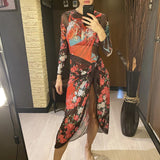 S - XXL Printed Long Sleeve With Sarong One Piece Swimsuit Women Swimwear Female Flowers Padded Bather Bathing Suit Swim V7181