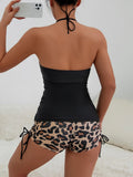 2026 Women's Bikini 2-piece Swimwear Tankini Set Sexy Halter Black Bathing Suit  Floral Print Drawstring High Waist Swimsuit