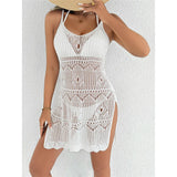 Crochet Knitted Hollow Out Halter Mini Dress Tunic Beach Cover Up Cover-ups Beach Dress Beach Wear Beachwear Female Women V8210