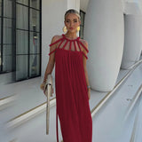 Summer Sleeveless Party Dress, Women Loungewear O-Neck Hollow Out Party Dress, Solid Color Patchwork Beach Style Ladies Dress