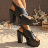 Black Peep Toe Thick High Heel Sandals Women Fashion Back Strap Chunky Platfrom Sandles Woman Plus Size Cross Strap Rome Sandals