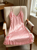 Women Satin Nightgown Lace Trim Spaghetti Strap V Neck Mini Slip Dress Soft Sleepwear Home Pajama Dress