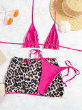 2026 Summer Leopard Print 3 Pieces Suit Swimwear Reversible Sexy Halter Lace-up Bikini Set Drawstring Skirt Cover Up Beachwear