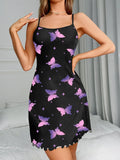 Women Butterfly Print Spaghetti Strap Nightgown Sleeveless Slim Fit Sleep Dress Soft Breathable Summer Home Loungewear