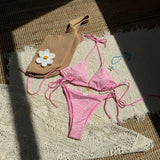 Sexy Mesh Flower Bikinis Sets Women Hot Pink Halter Push Up Bra Tie Side Swimsuit 2026 Beach Bathing Suit Holiday Micro Swimwear